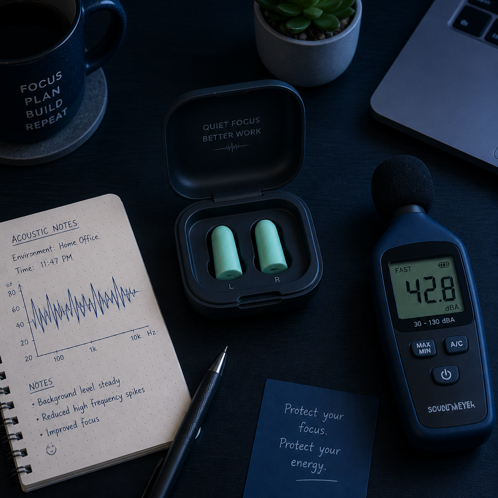 Workspace scene with ear plugs, acoustic reference materials, and noise monitoring tools for sound testing