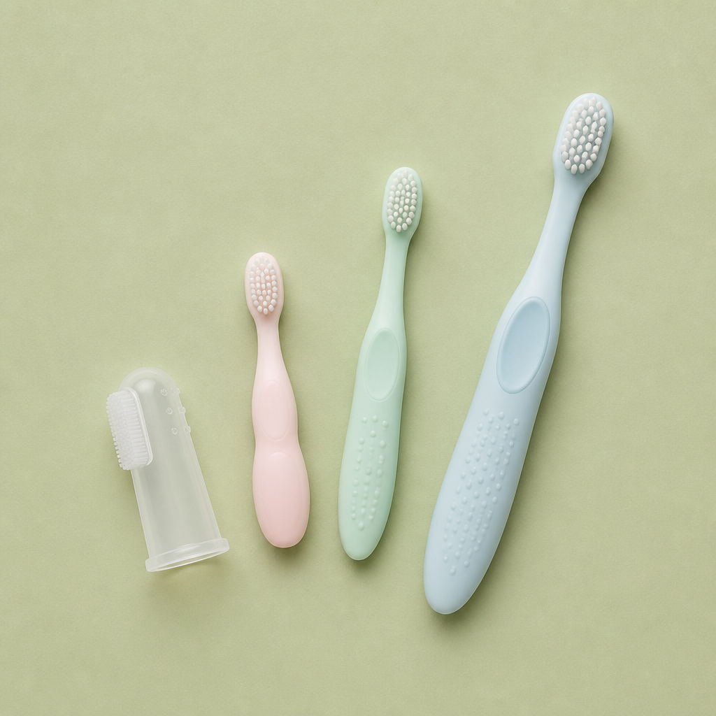 Three stages of baby toothbrushes arranged by size progression