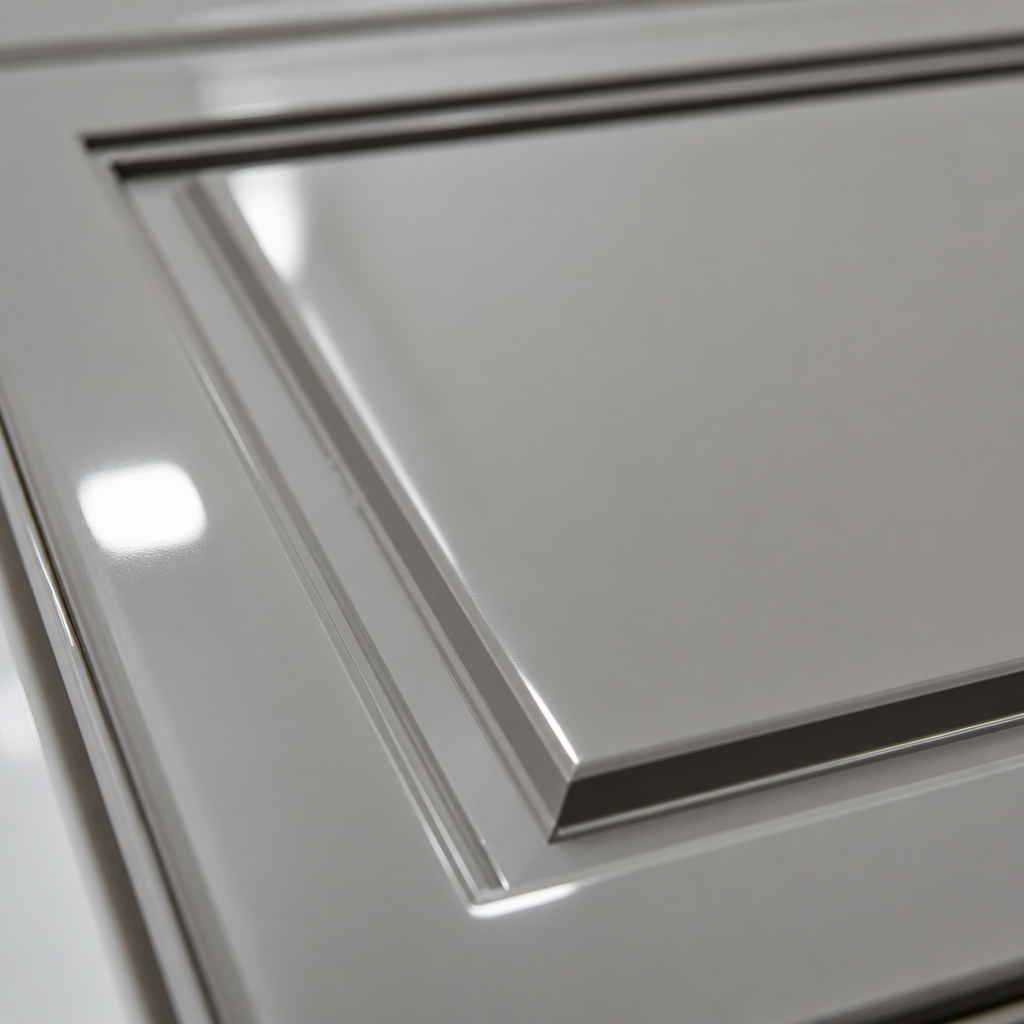 Macro view of a smooth, glass-like spray-painted cabinet surface with reflective finish
