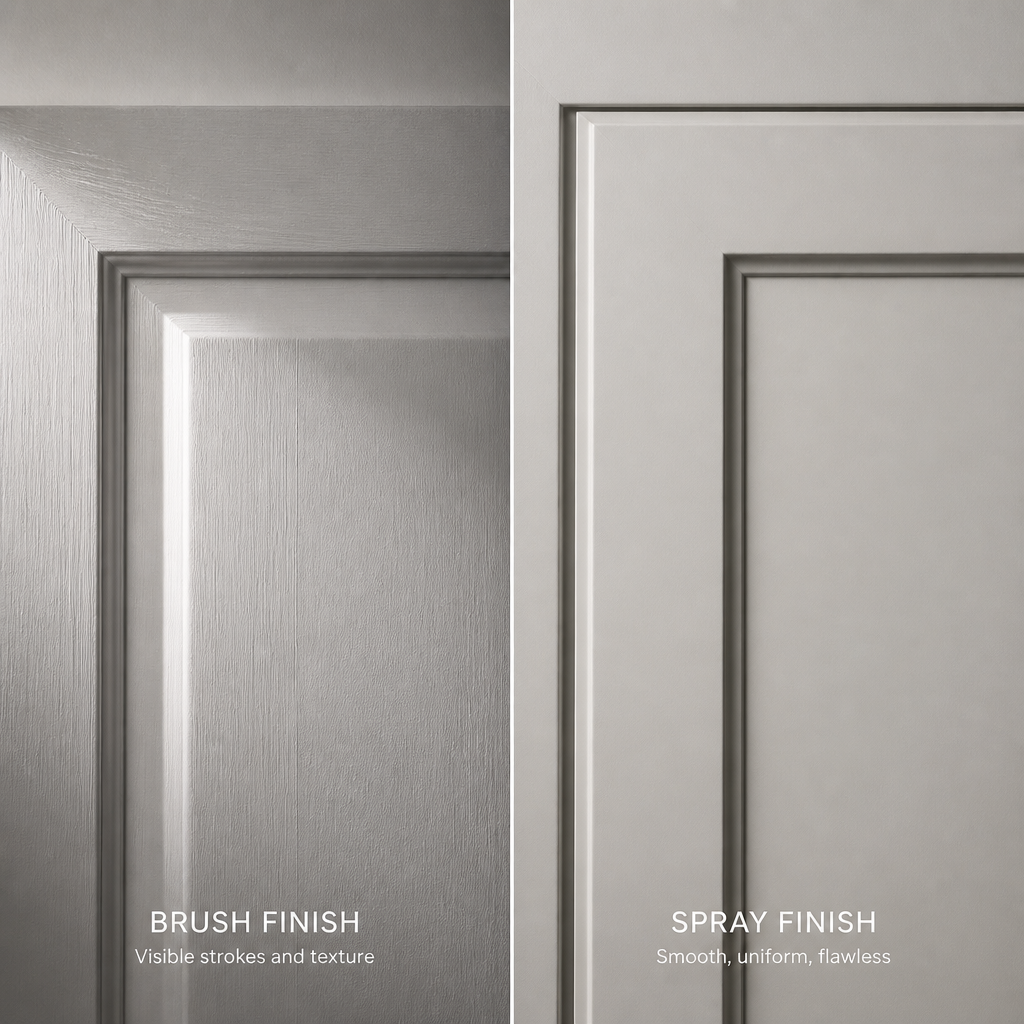 Side-by-side comparison of textured brush-applied and smooth spray-painted cabinet finishes