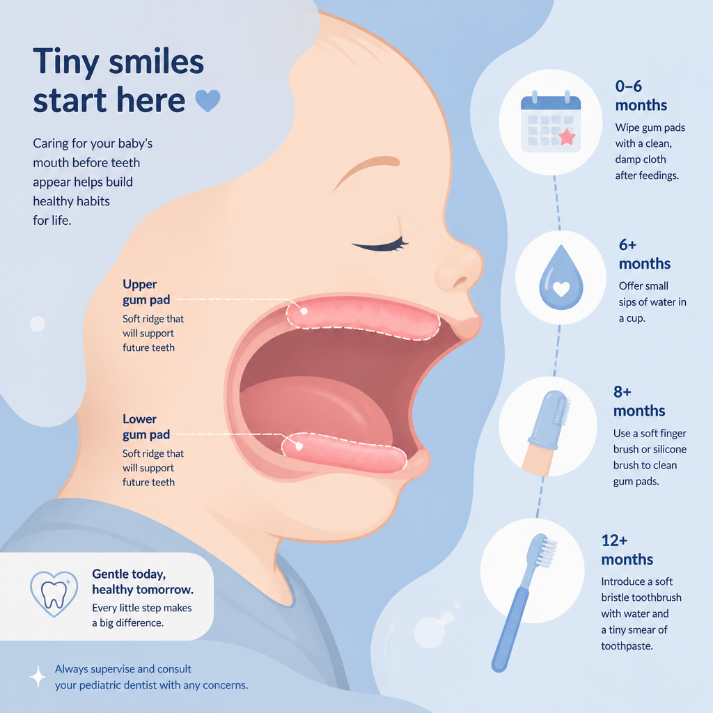 Illustrated guide showing baby oral care development timeline