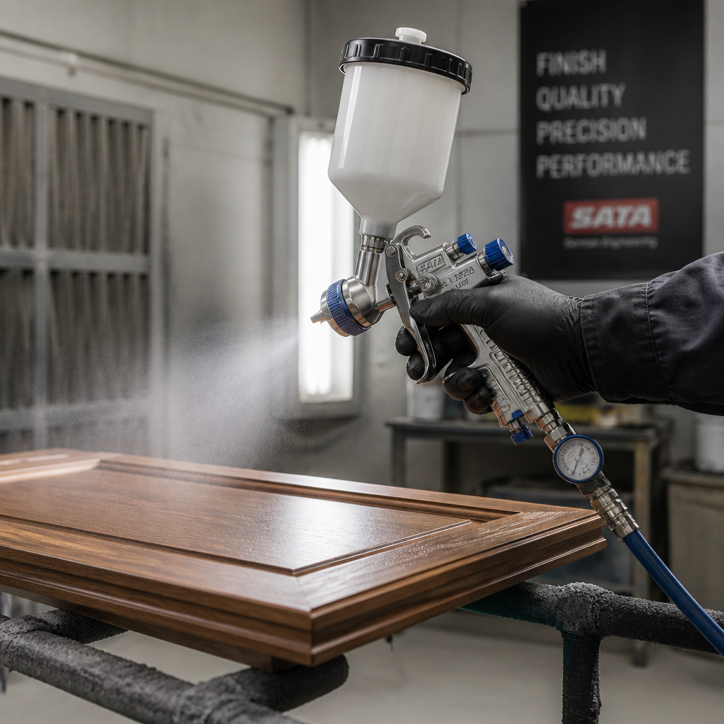 Professional spray gun applying finish to a wooden cabinet panel in a workshop setting
