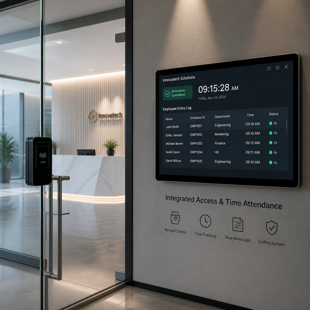 Integrated access control and time attendance reader at office entrance with digital display