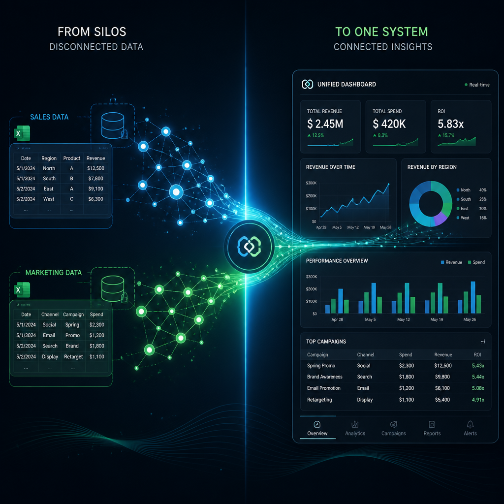 Data visualization of integrated systems consolidating separate spreadsheets into unified dashboard
