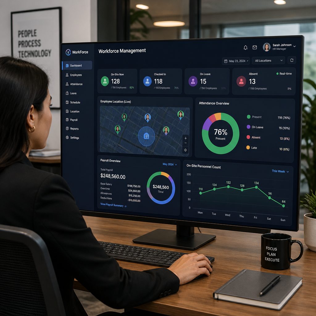 Professional viewing unified workforce dashboard with real-time attendance and location analytics