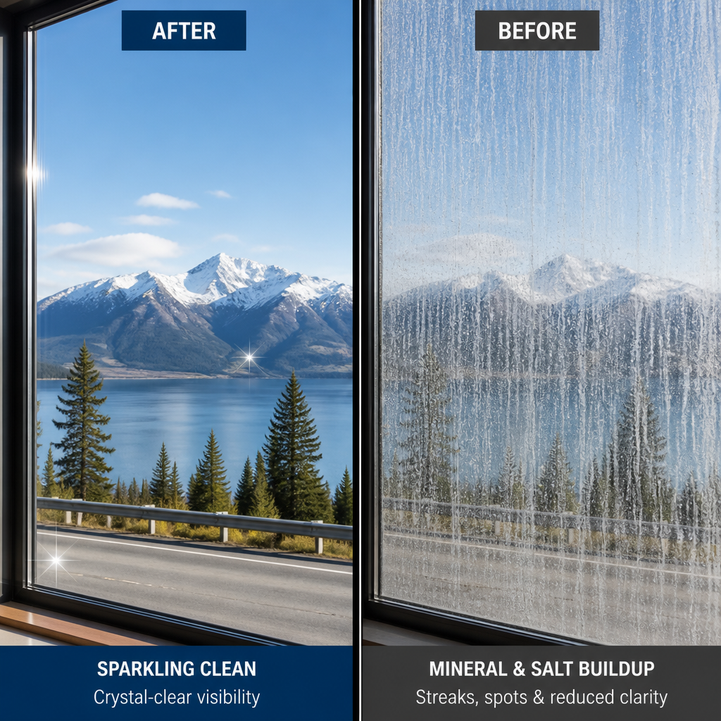 Before and after comparison of clean versus dirty window glass