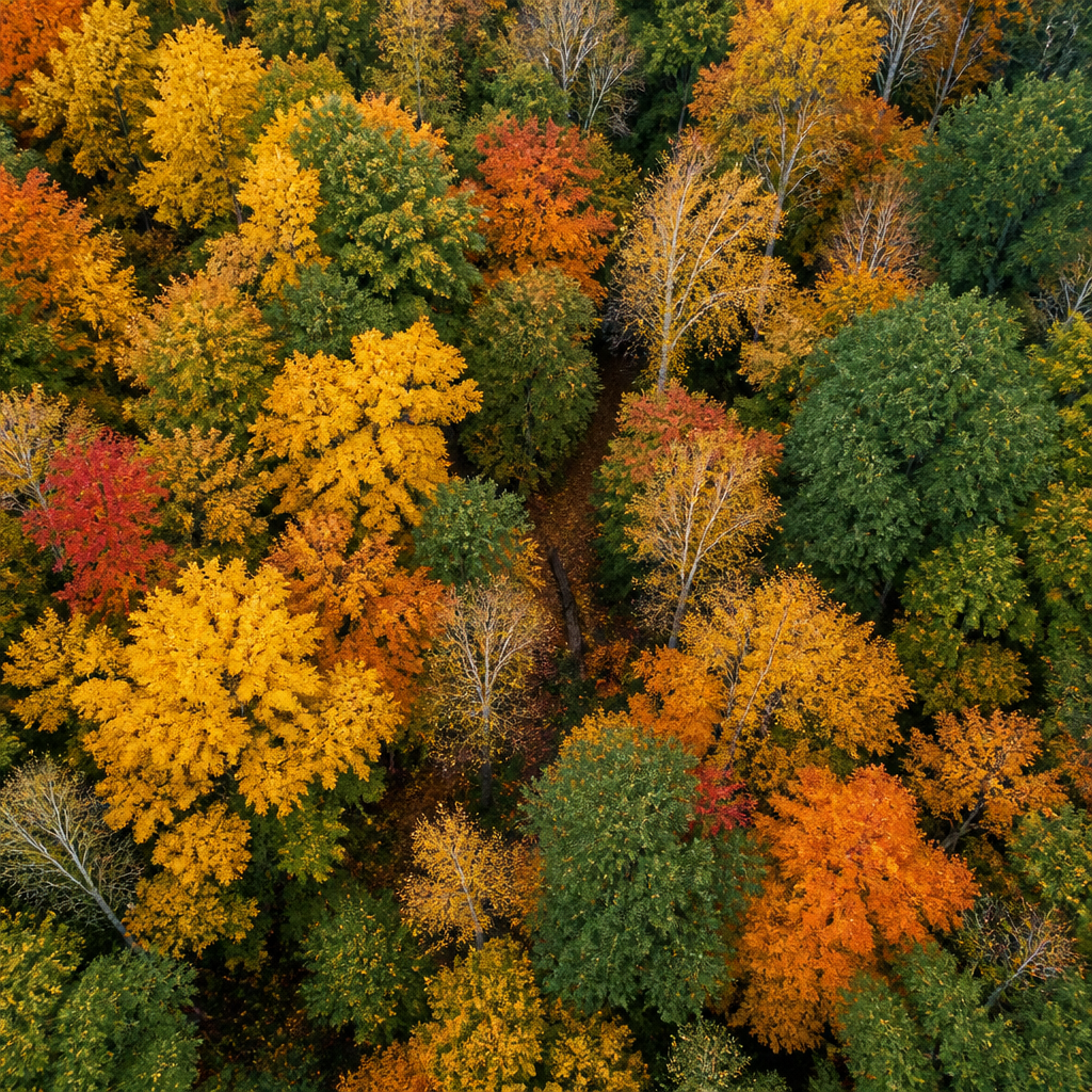 Dense hardwood forest canopy viewed from above in autumn colors