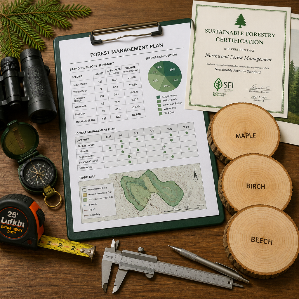 Forestry management tools and documentation displayed on wooden surface