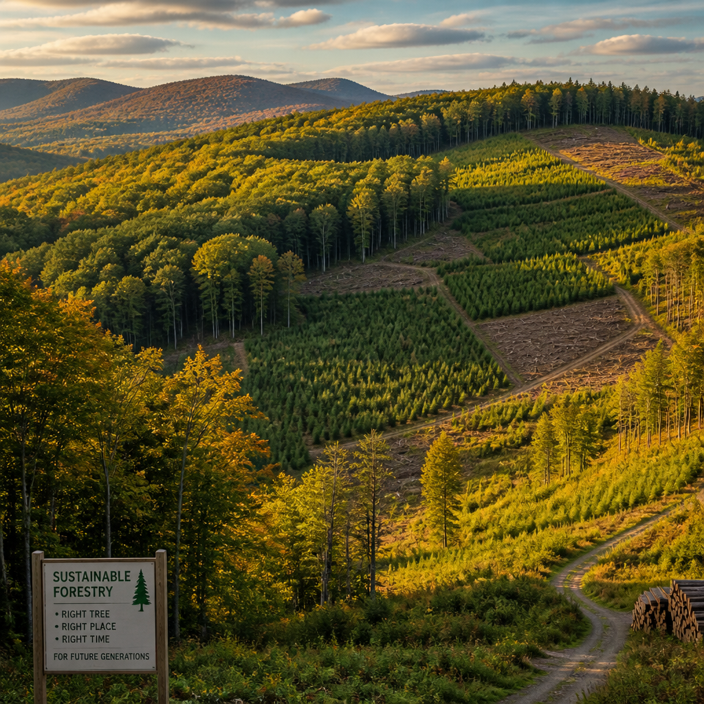 Vermont forested hillside showing managed forest stands at various growth stages