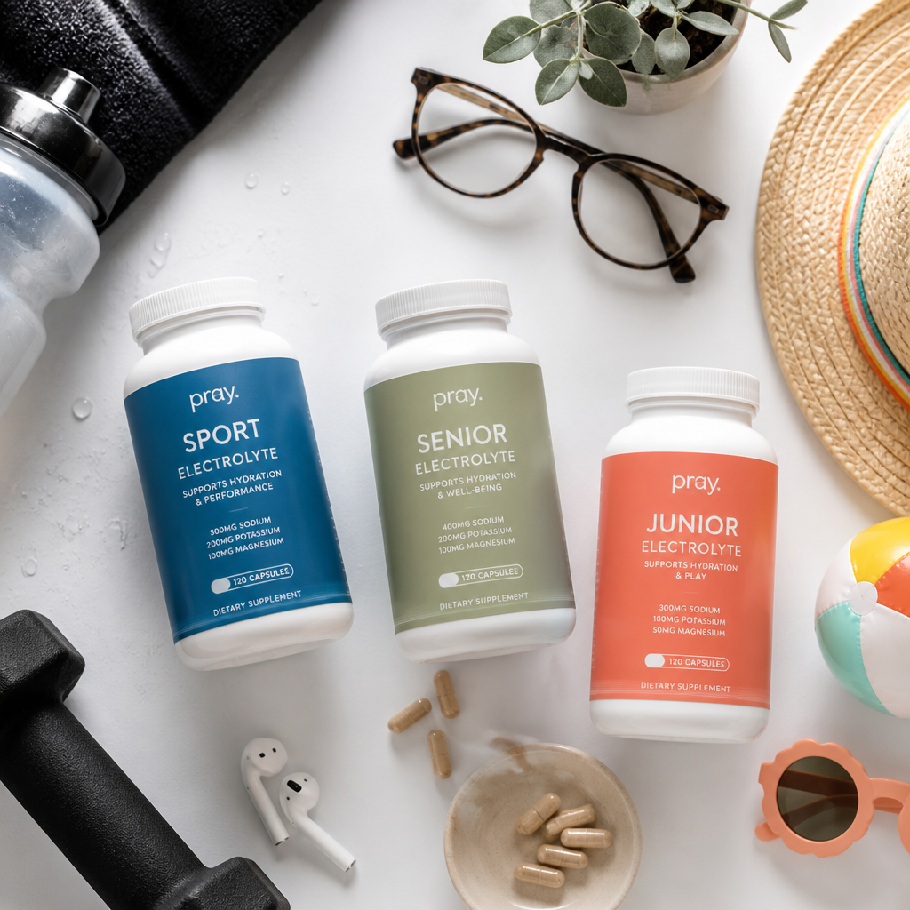 Three different electrolyte supplement bottles arranged to represent Sport, Senior, and Junior formulas