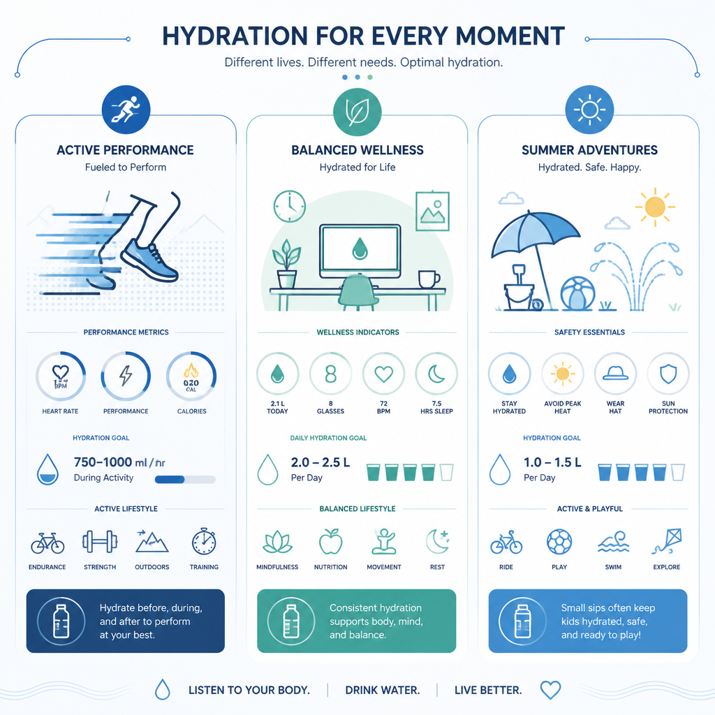 Abstract comparison visualization representing Sport, Senior, and Junior electrolyte supplement use cases through icons and symbols