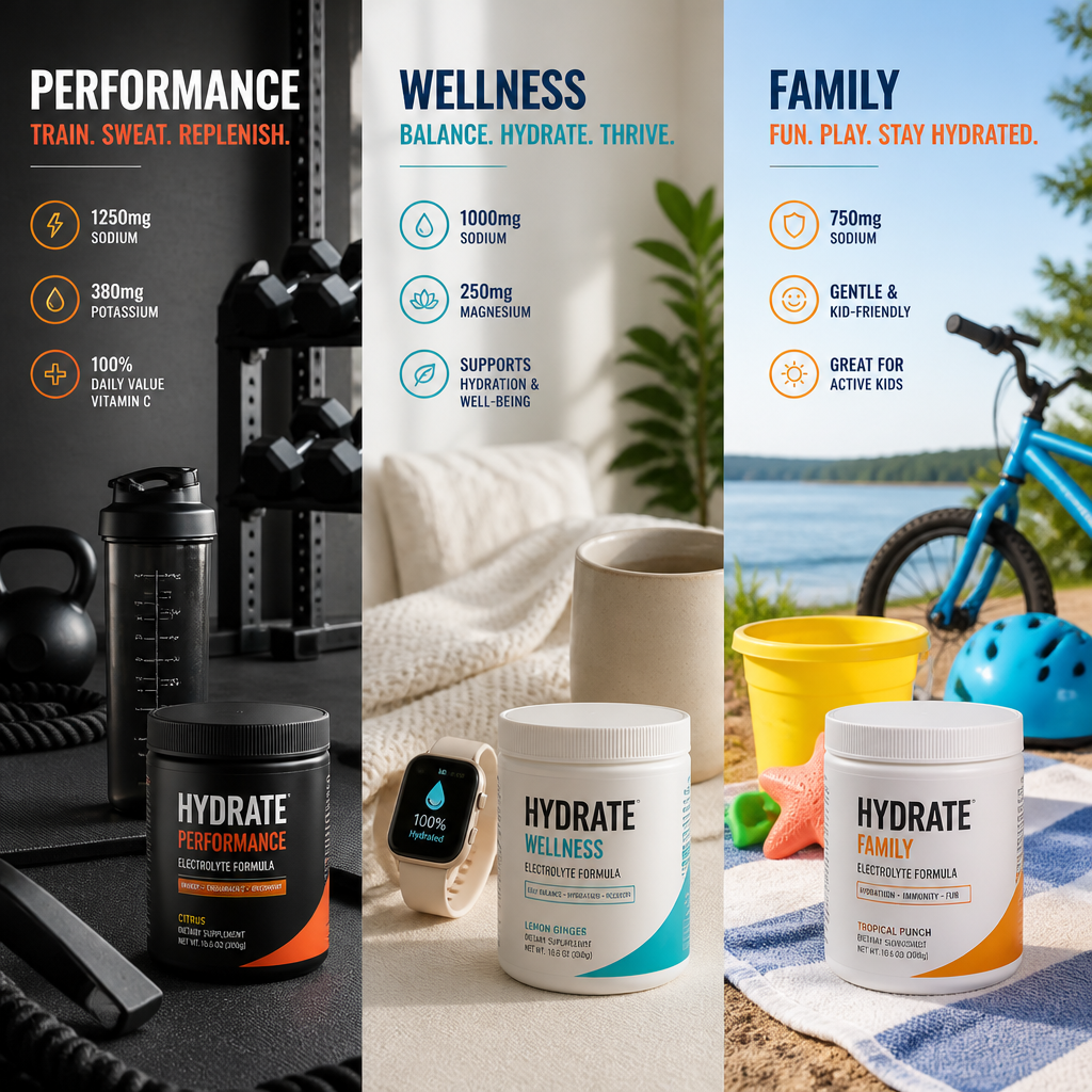 Three distinct lifestyle environments representing the different uses for Sport, Senior, and Junior electrolyte supplements