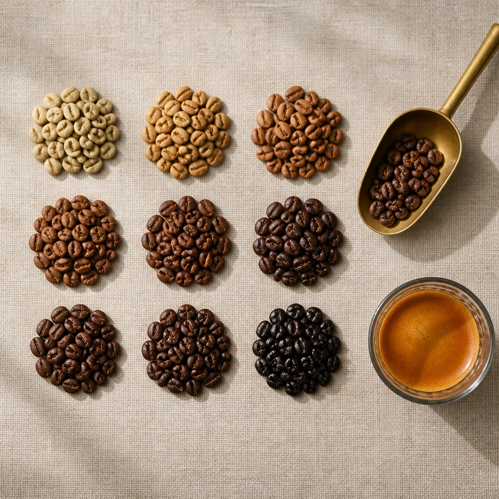 Artisanal coffee beans at different roast levels arranged in geometric pattern with brewing equipment
