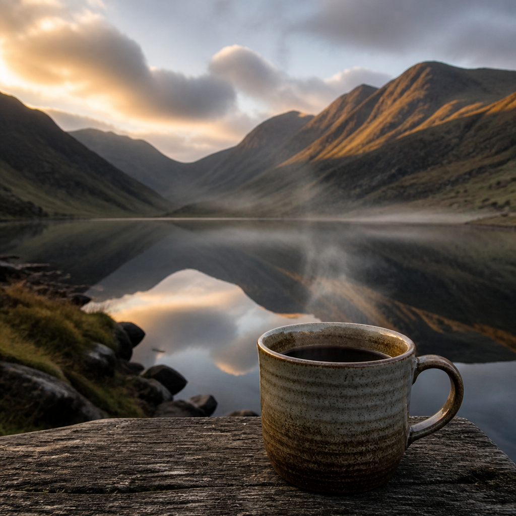 Steaming coffee mug overlooking misty Lake District fells at sunrise