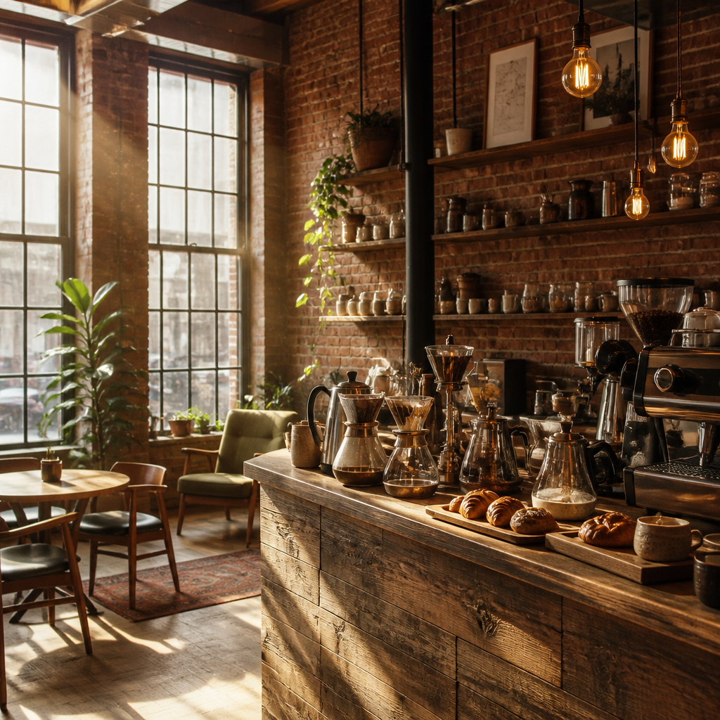 Warm vintage café interior with industrial elements and specialty brewing equipment