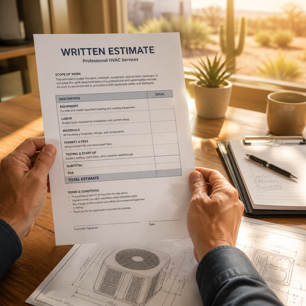 Technician presenting transparent HVAC estimate and documentation