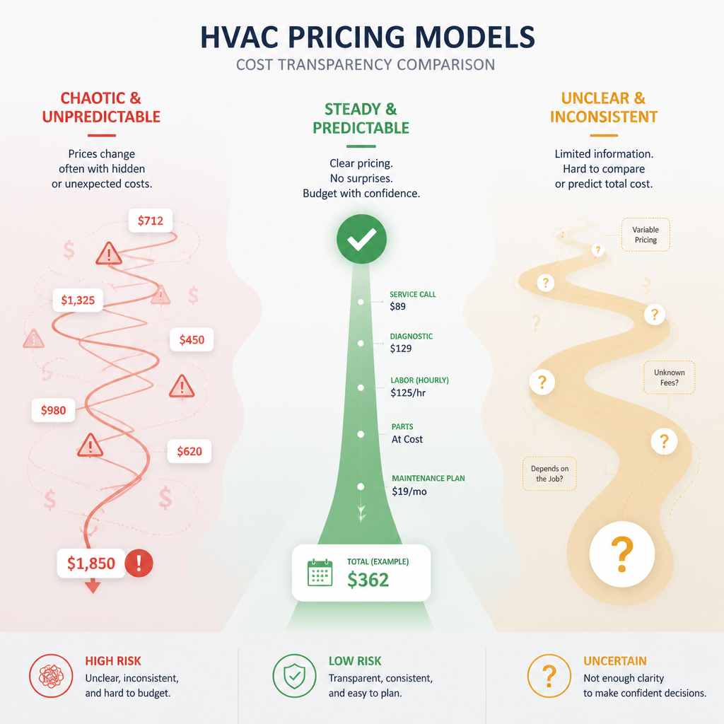 Visual comparison of flat-rate, hourly, and diagnostic fee pricing models