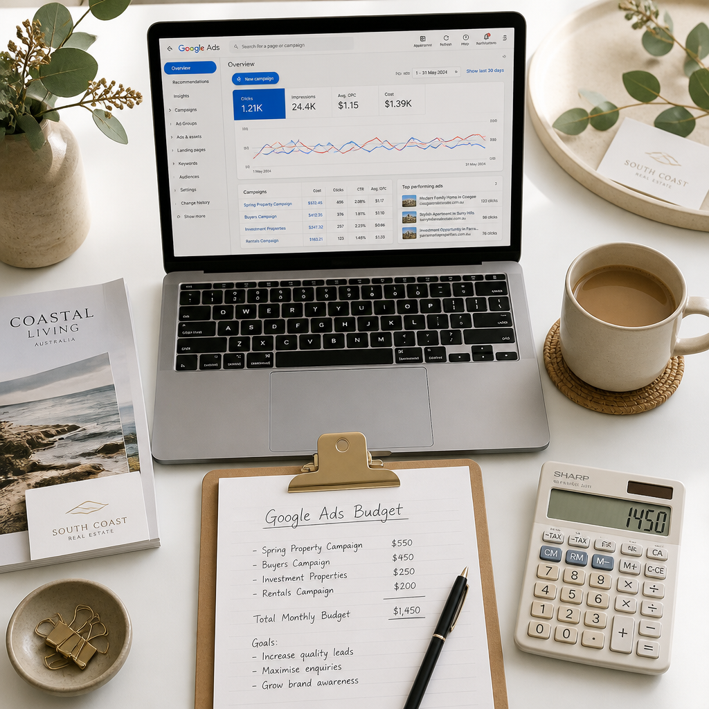 Real estate office desk with Google Ads dashboard, calculator, and budget planning materials