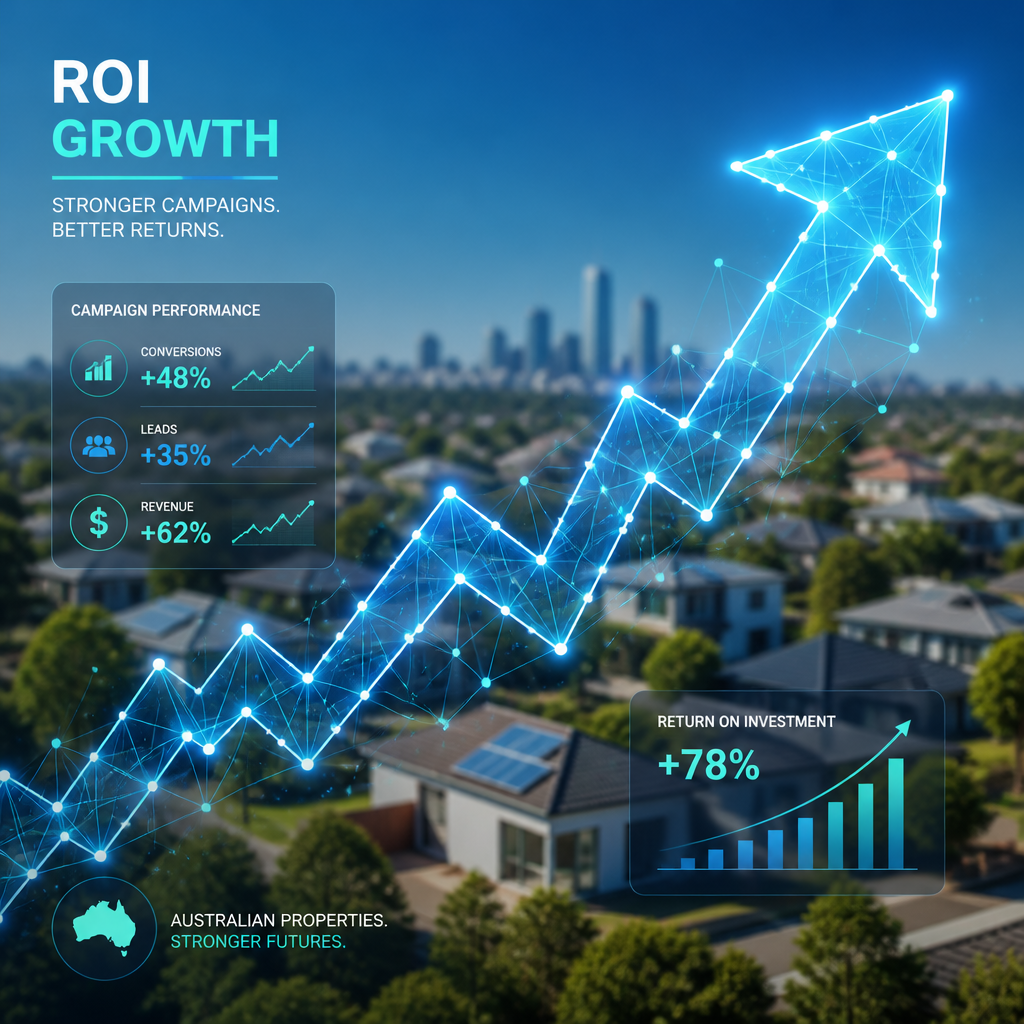Upward trending arrow with data visualization nodes representing real estate advertising ROI growth