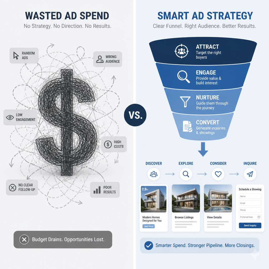 Comparison visual showing inefficient versus optimized real estate ad spend and lead funnel