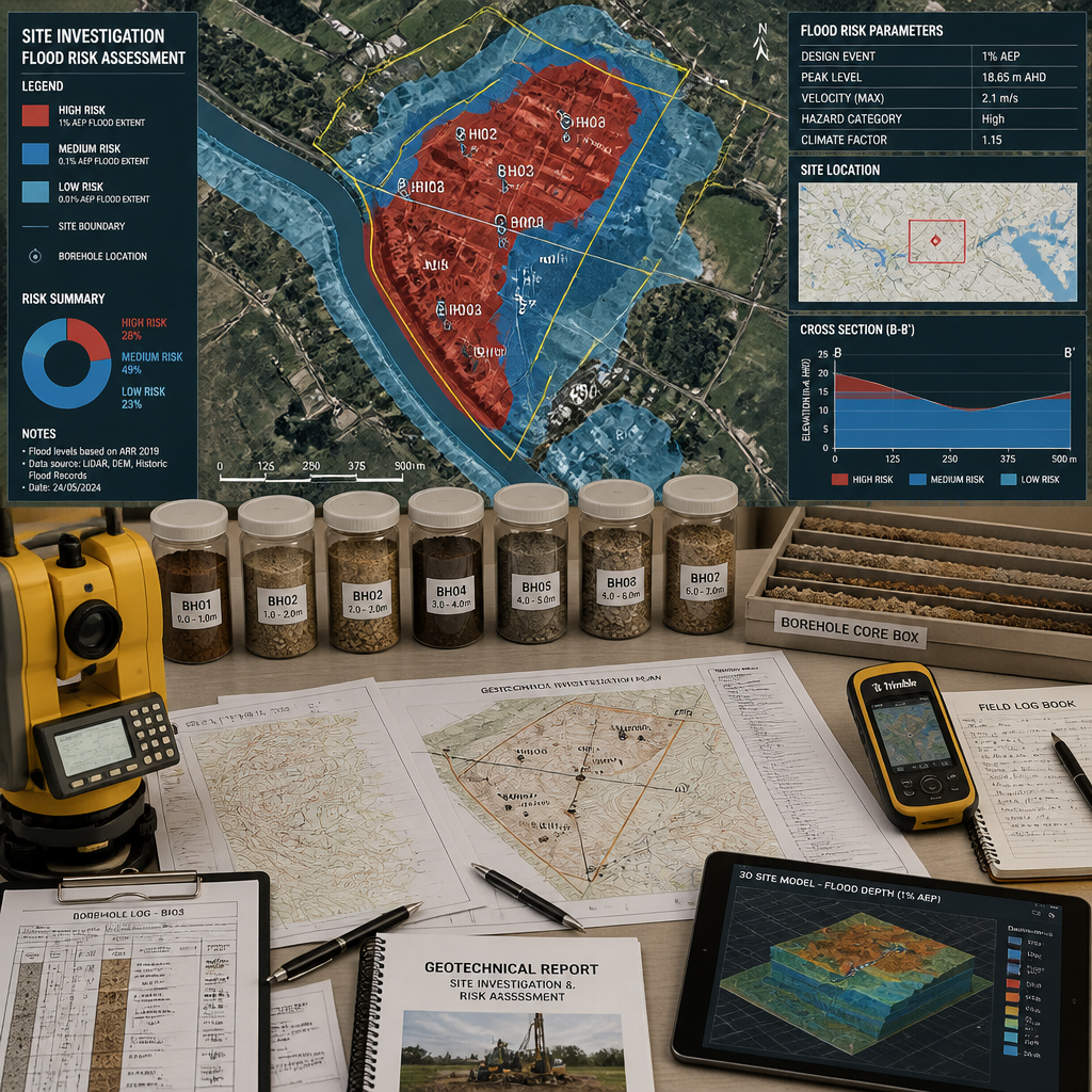 Plan d'étude géotechnique et cartographie PPRI des zones inondables avec analyse des risques