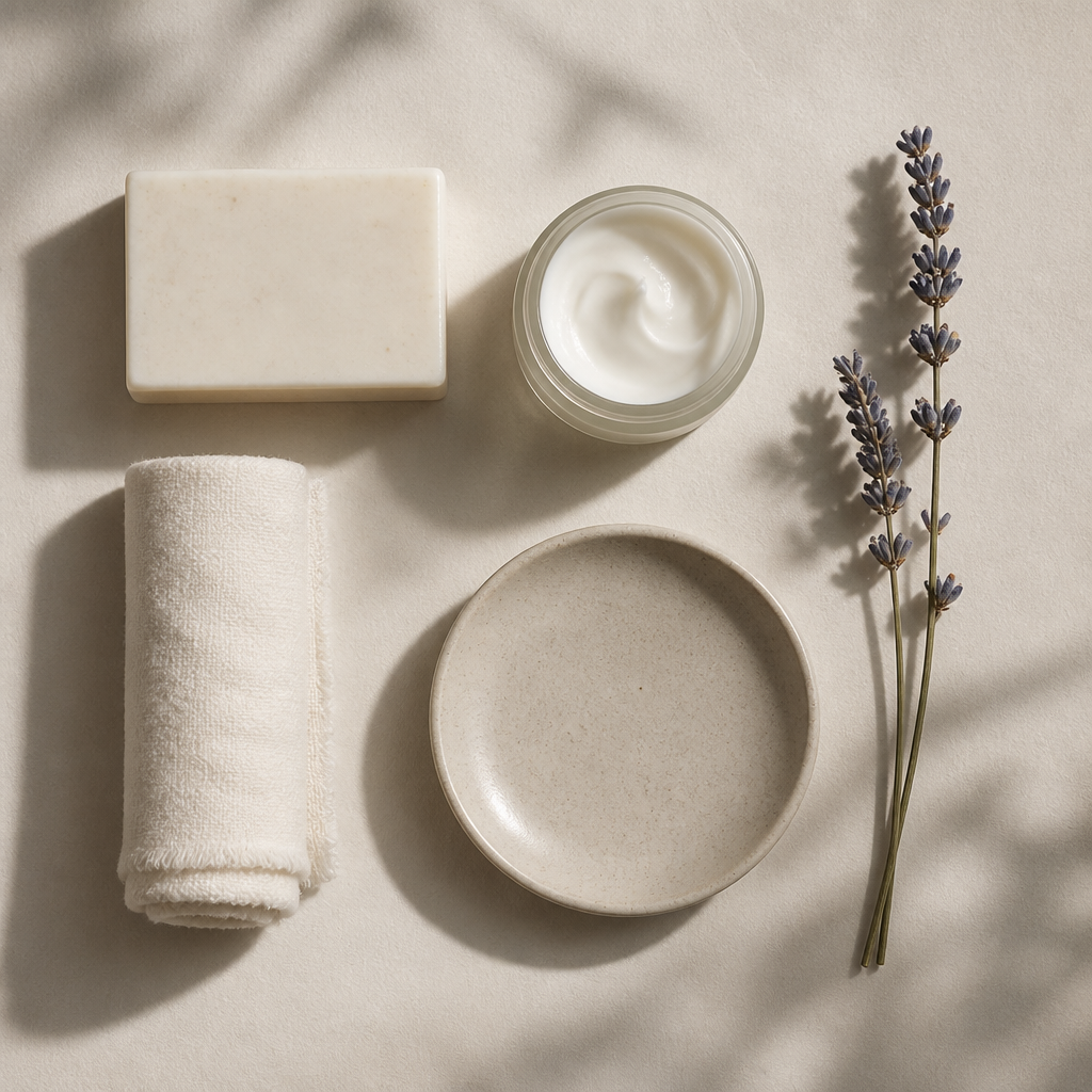 Five premium self-care items arranged in a curated flat lay composition on a neutral background