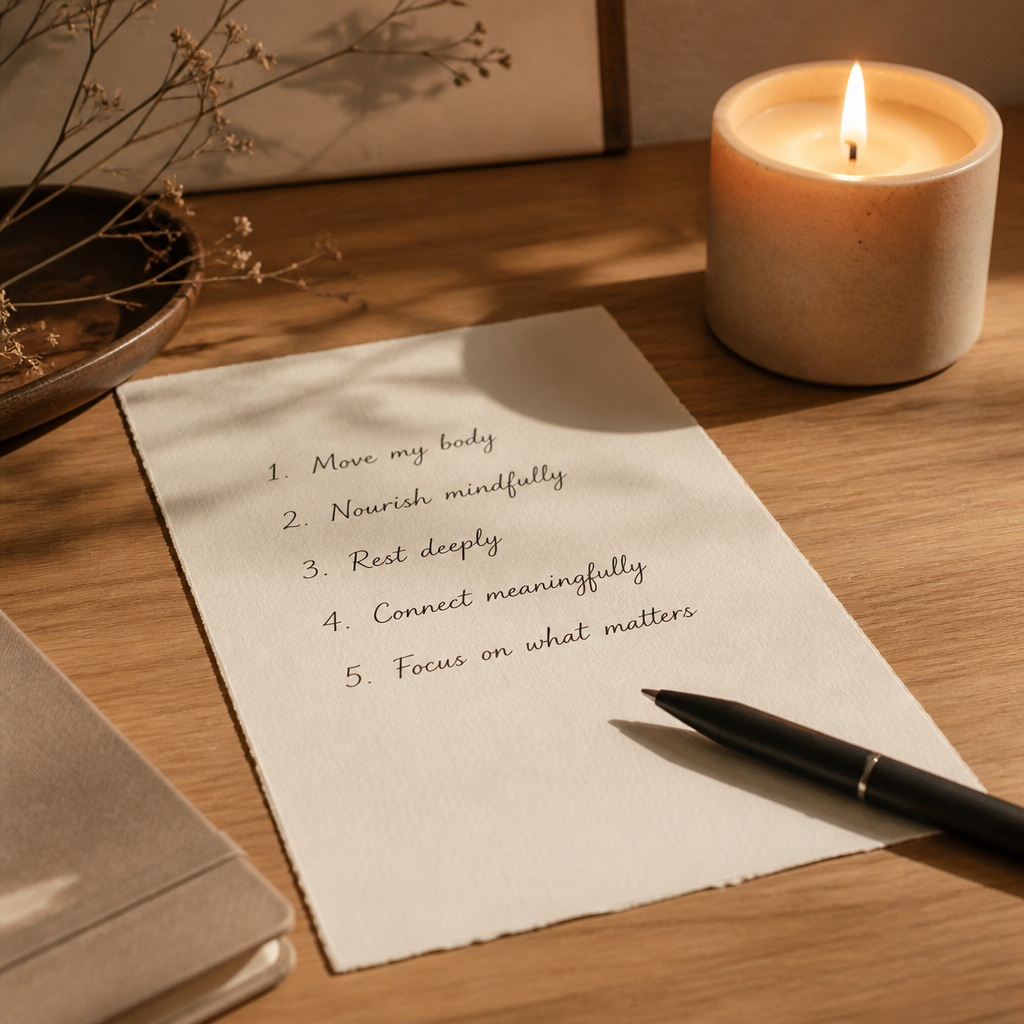 Minimalist workspace depicting intentional choice and wellness planning