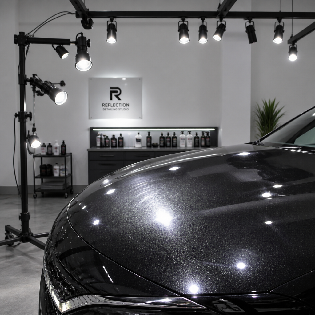 Professional studio lighting setup revealing paint surface defects and swirl marks on a car hood during detailed inspection