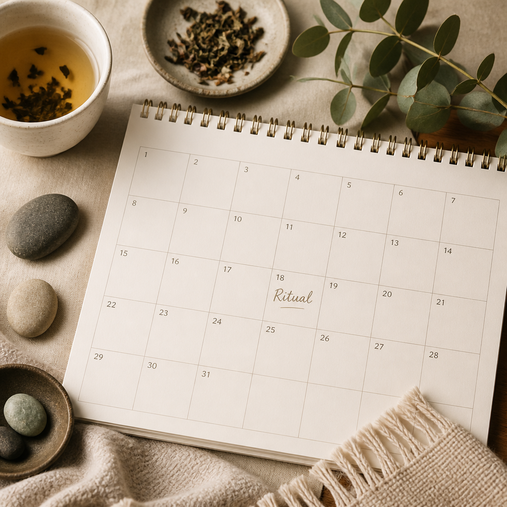 Calendar and natural objects representing monthly wellness rituals and intentional self-care cycles