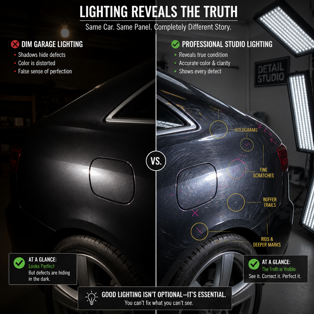 Before and after lighting comparison showing how professional studio lighting reveals hidden paint defects compared to standard garage lighting