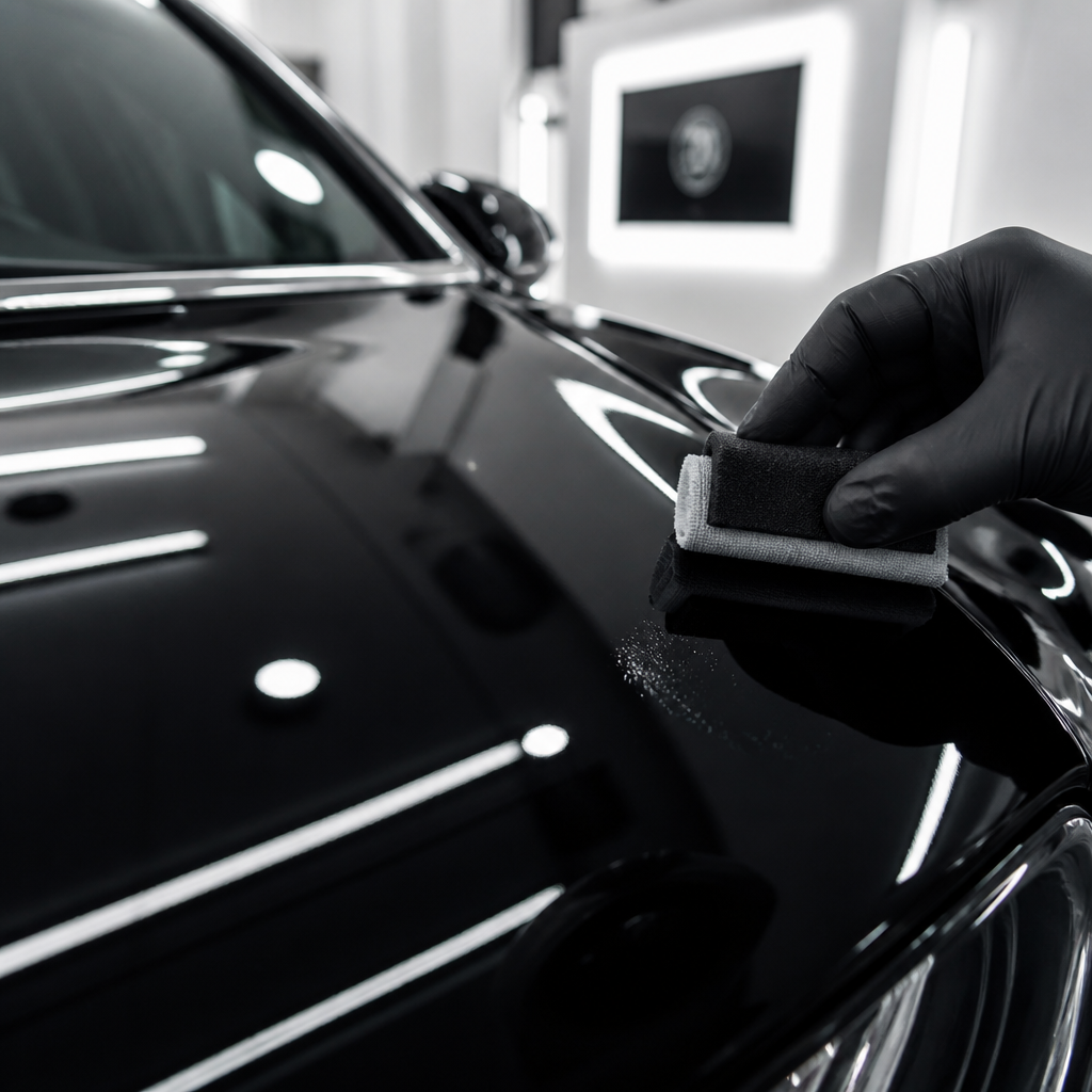Detailed view of ceramic coating application under professional studio lighting showing paint clarity and light reflection