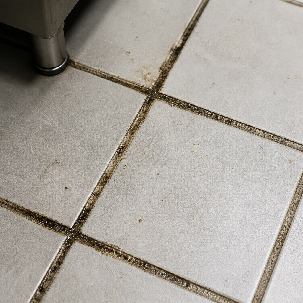 Commercial kitchen tiles with discolored, dirty grout lines showing residue buildup - Kitchen Tile and Grout Cleaning