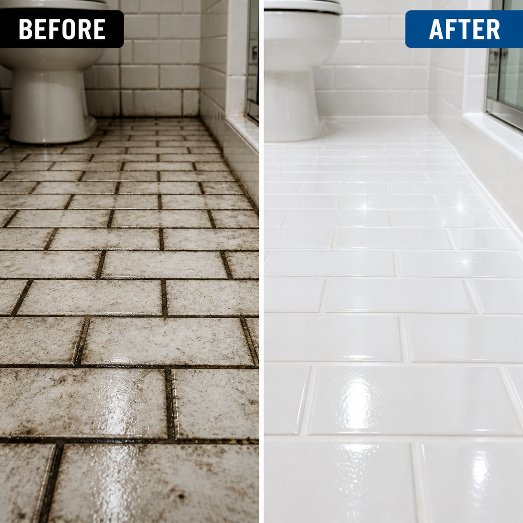 Before and after restoration of bathroom tiles and grout from dirty to clean - Kitchen Tile and Grout Cleaning