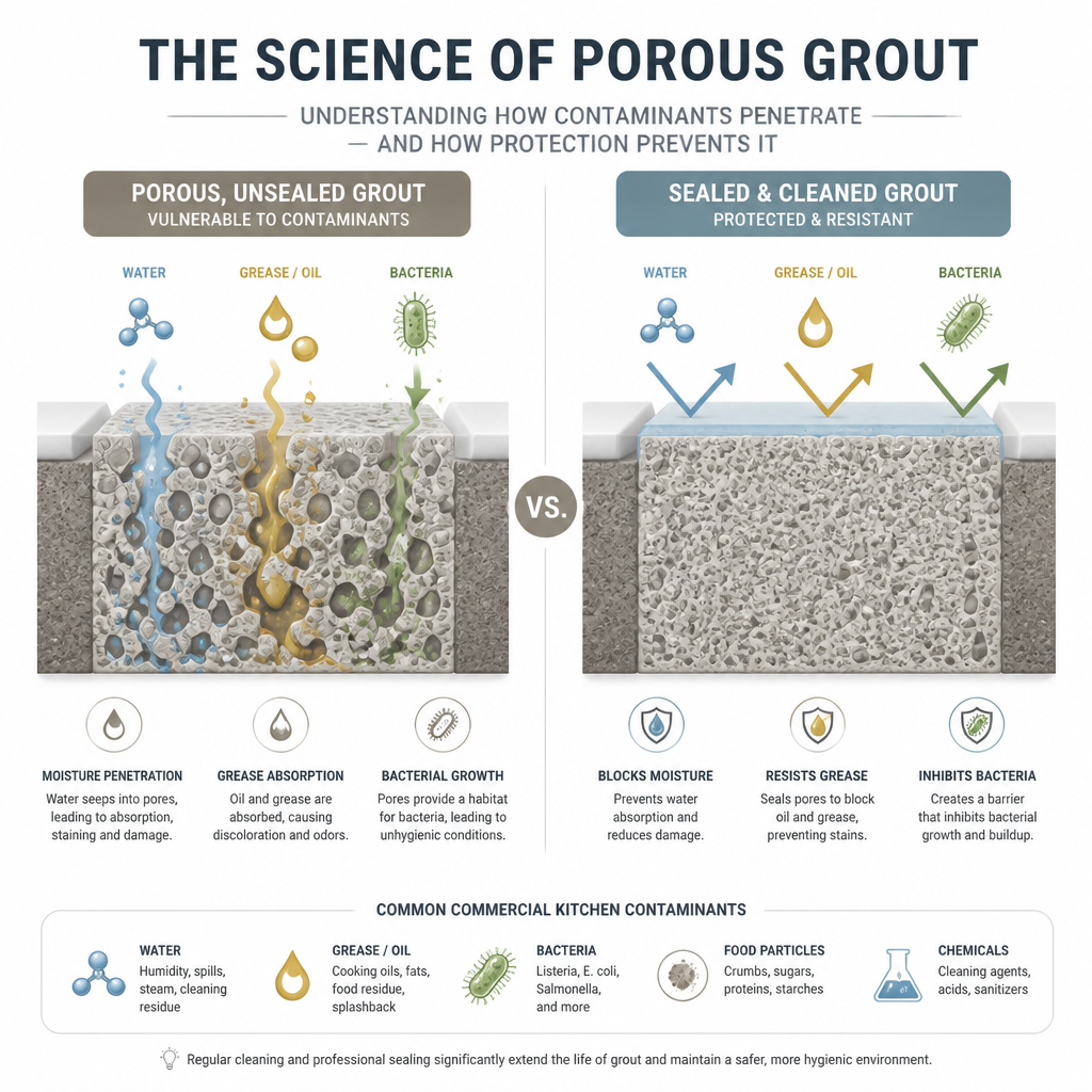 Diagram showing how grease and bacteria penetrate porous grout lines in commercial spaces