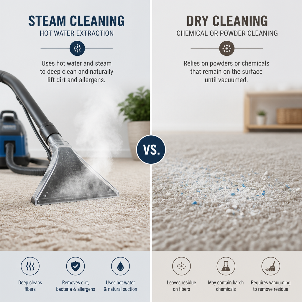 Carpet Steam Cleaning Melbourne: Steam vs Dry Split-screen comparison showing steam cleaning vapor versus dry cleaning method - Steam vs Dry carpet cleaning