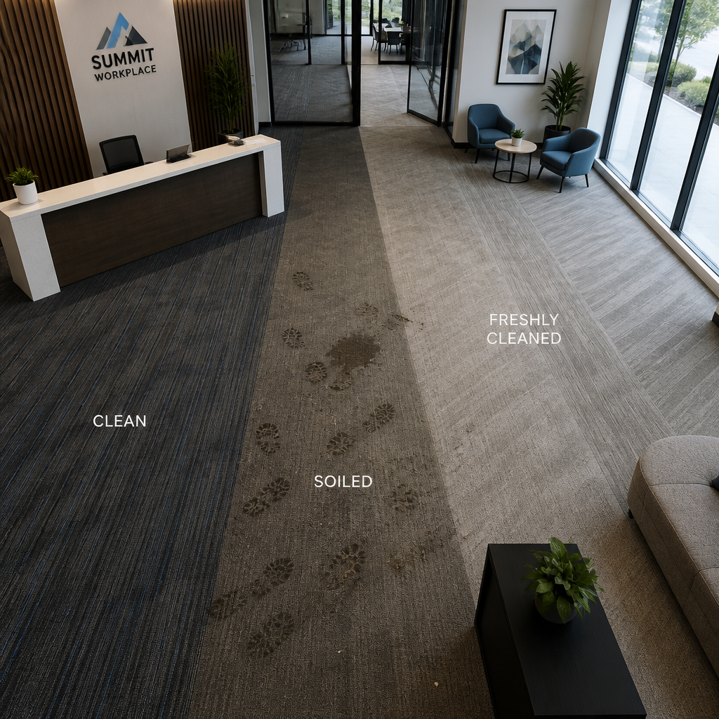Carpet Steam Cleaning Melbourne: Steam vs Dry Commercial office space carpet showing various cleaning states and conditions - Steam vs Dry carpet cleaning