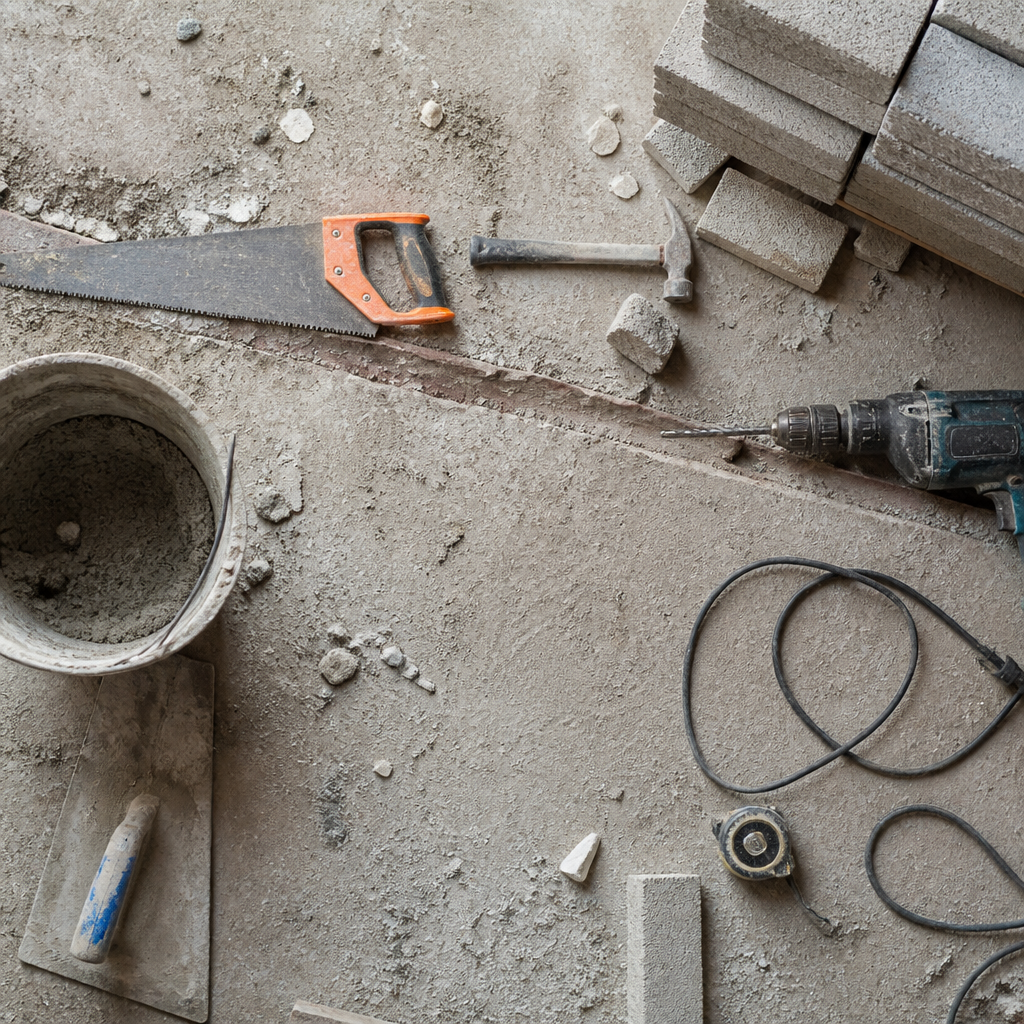 Construction site floor covered in dust, debris, and building materials before cleaning - builders cleaning Melbourne