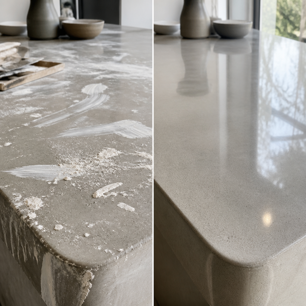 Before and after comparison of a stone benchtop: dusty and stained versus clean and polished - post construction cleaning Melbourne