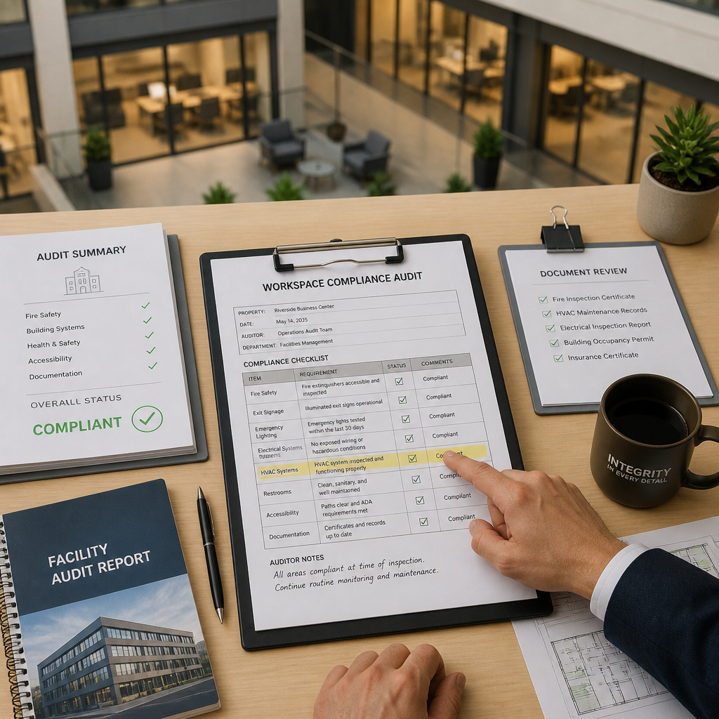 How to Choose a Commercial Cleaning Company in Melbourne Overhead view of professional documents and compliance checklists on a workspace desk with hand pointing to verification forms. - commercial cleaning company
