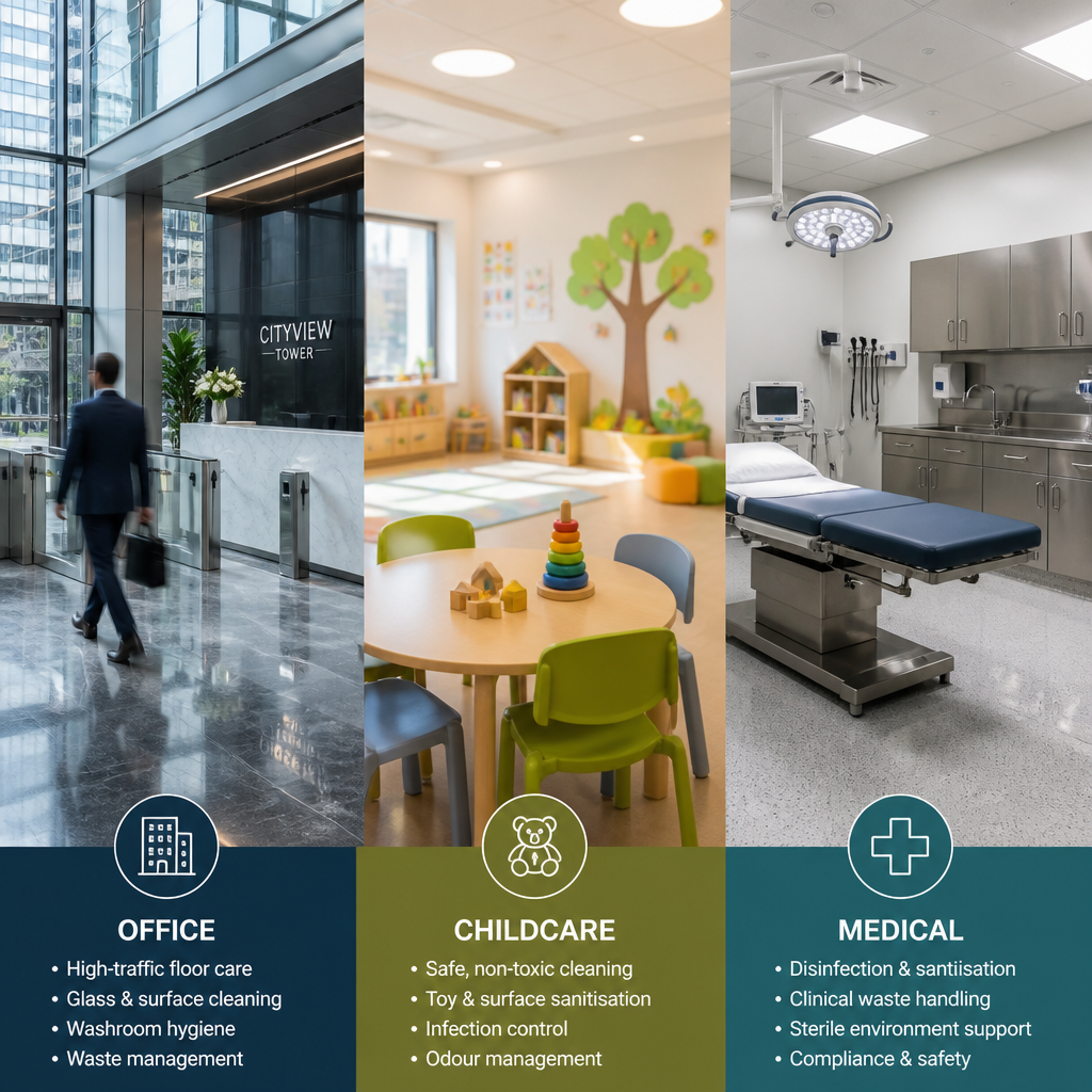 How to Choose a Commercial Cleaning Company in Melbourne Composite of three commercial environments representing different industry sectors: office lobby, childcare facility, and medical clinic. - commercial cleaning company