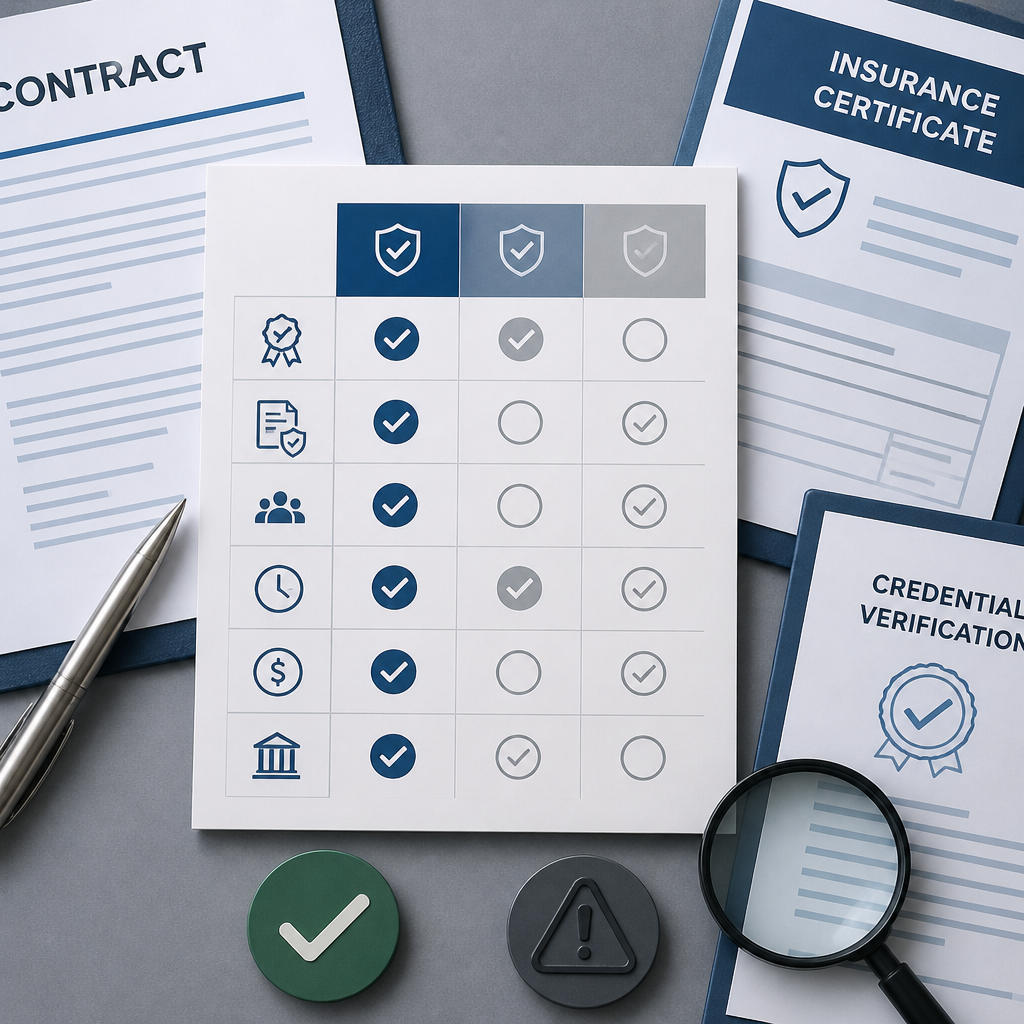 How to Choose a Commercial Cleaning Company in Melbourne Flat lay of contract documents, credentials, and comparison elements representing careful vendor selection and risk evaluation. - commercial cleaning company
