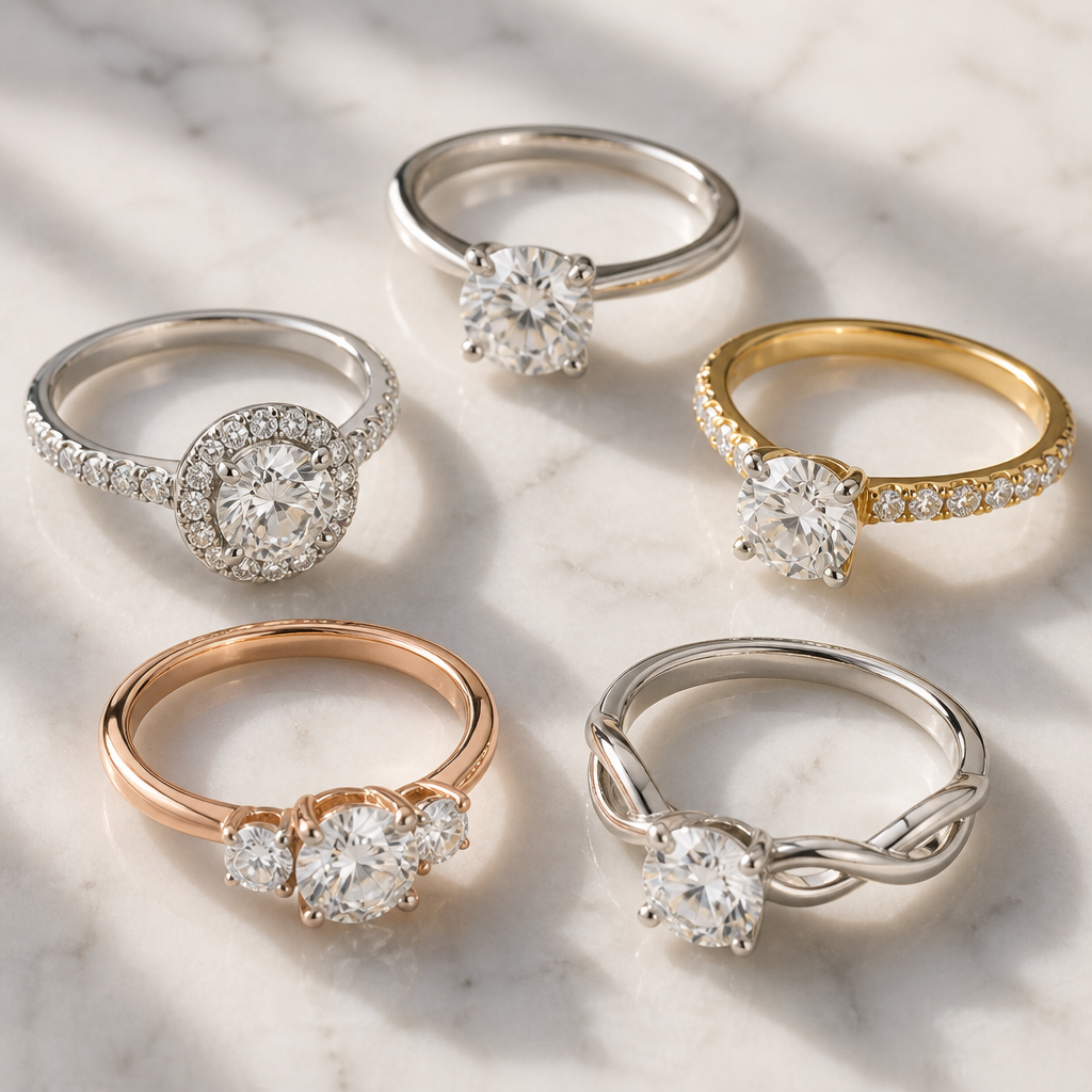 Five different engagement ring band styles arranged in a circle on marble