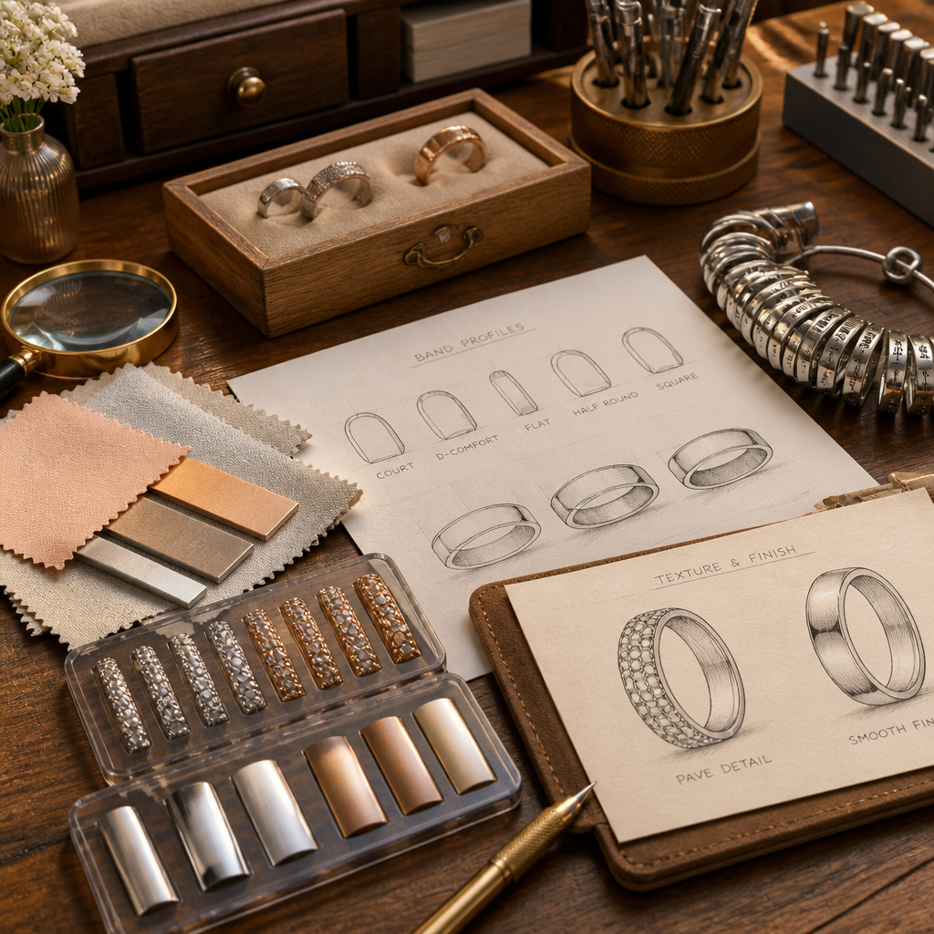 Jewelry designer workbench with band customization tools and material samples