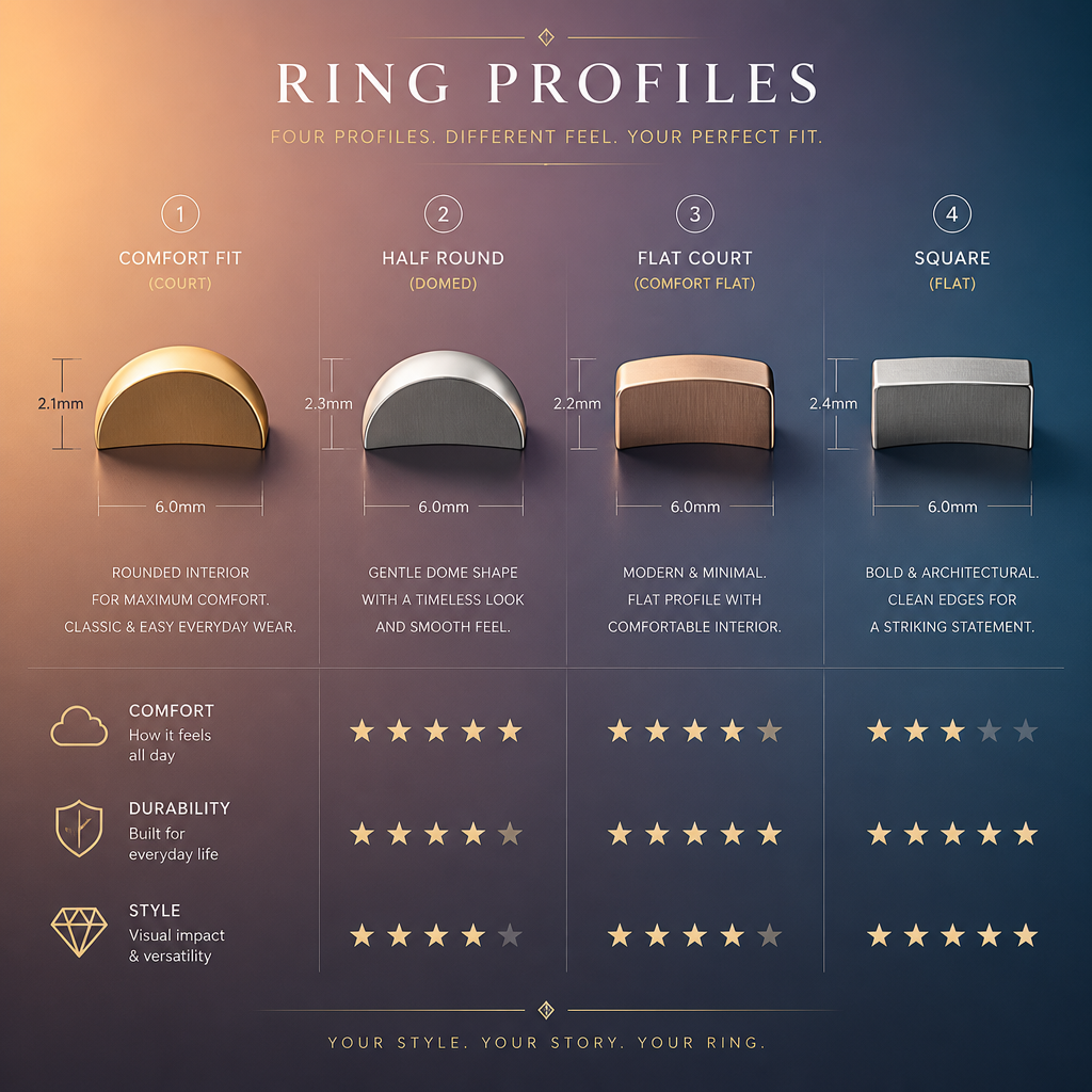Geometric ring profile cross-sections showing band width and height variations