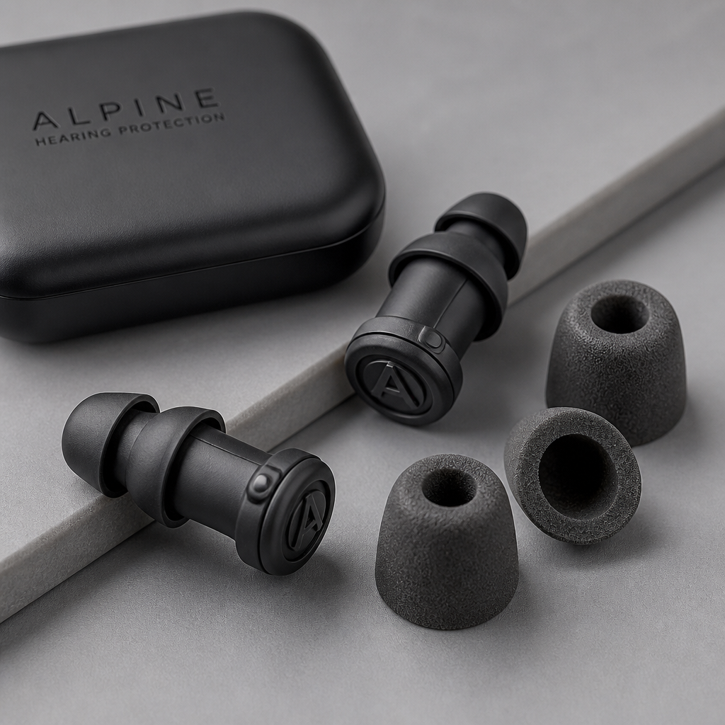 Reusable ear plugs with replaceable foam tips on display