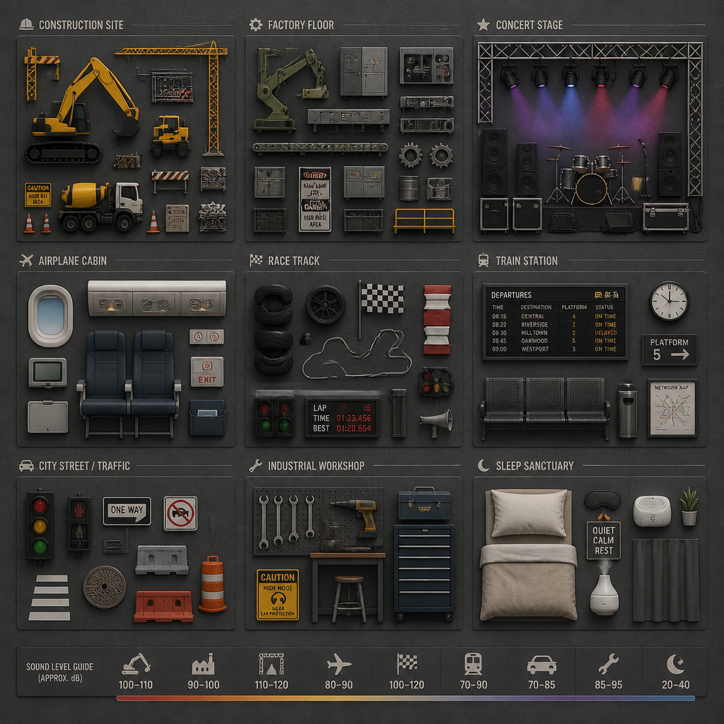 Abstract arrangement of iconic elements from eight loud environments