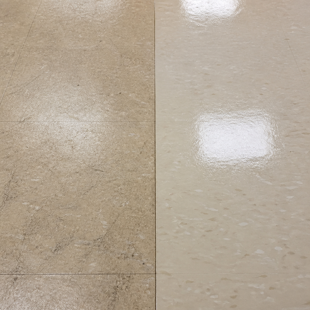 Side-by-side comparison of worn floor finish versus freshly sealed floor coating