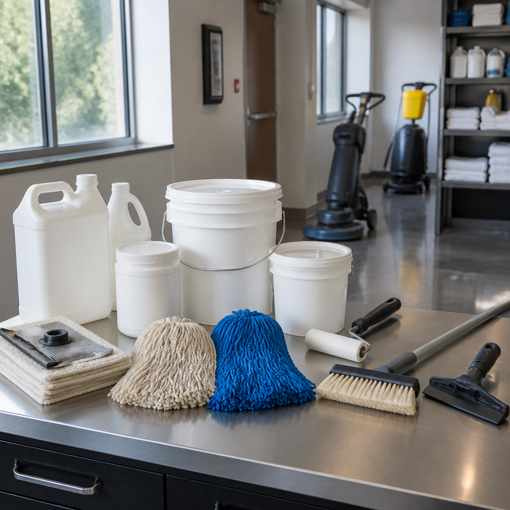 Commercial floor maintenance and sealing equipment displayed on a workbench