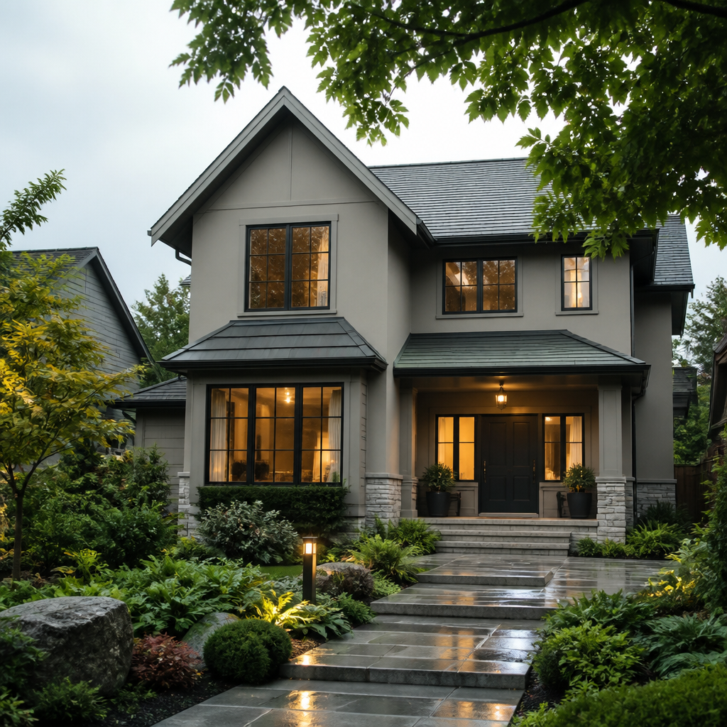 Modern BC home with warm greige exterior paint and professional landscaping