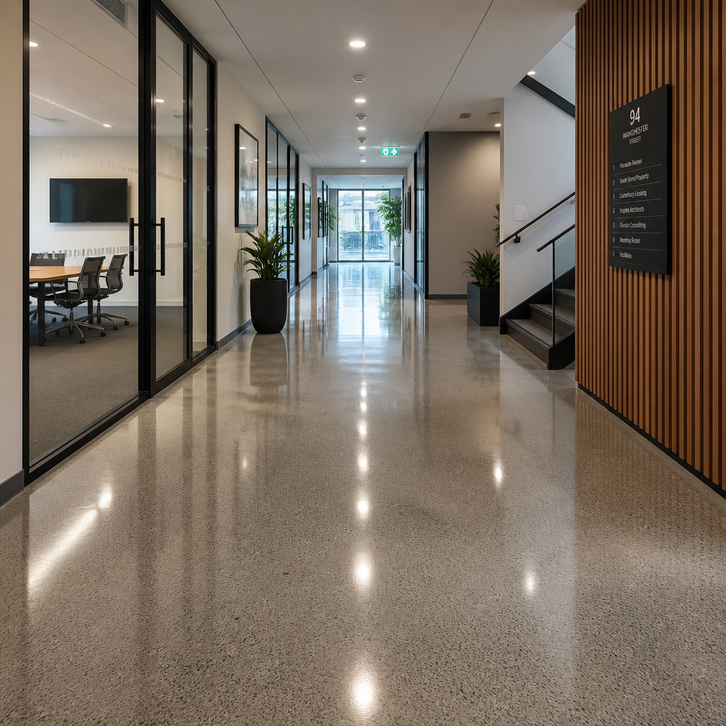 Well-maintained commercial office hallway with freshly sealed protective floor coating